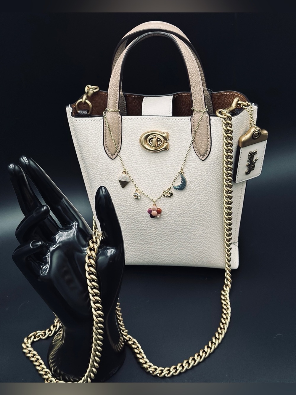 Coach Cream Pebbled Leather Mini Tote with Gold Chain